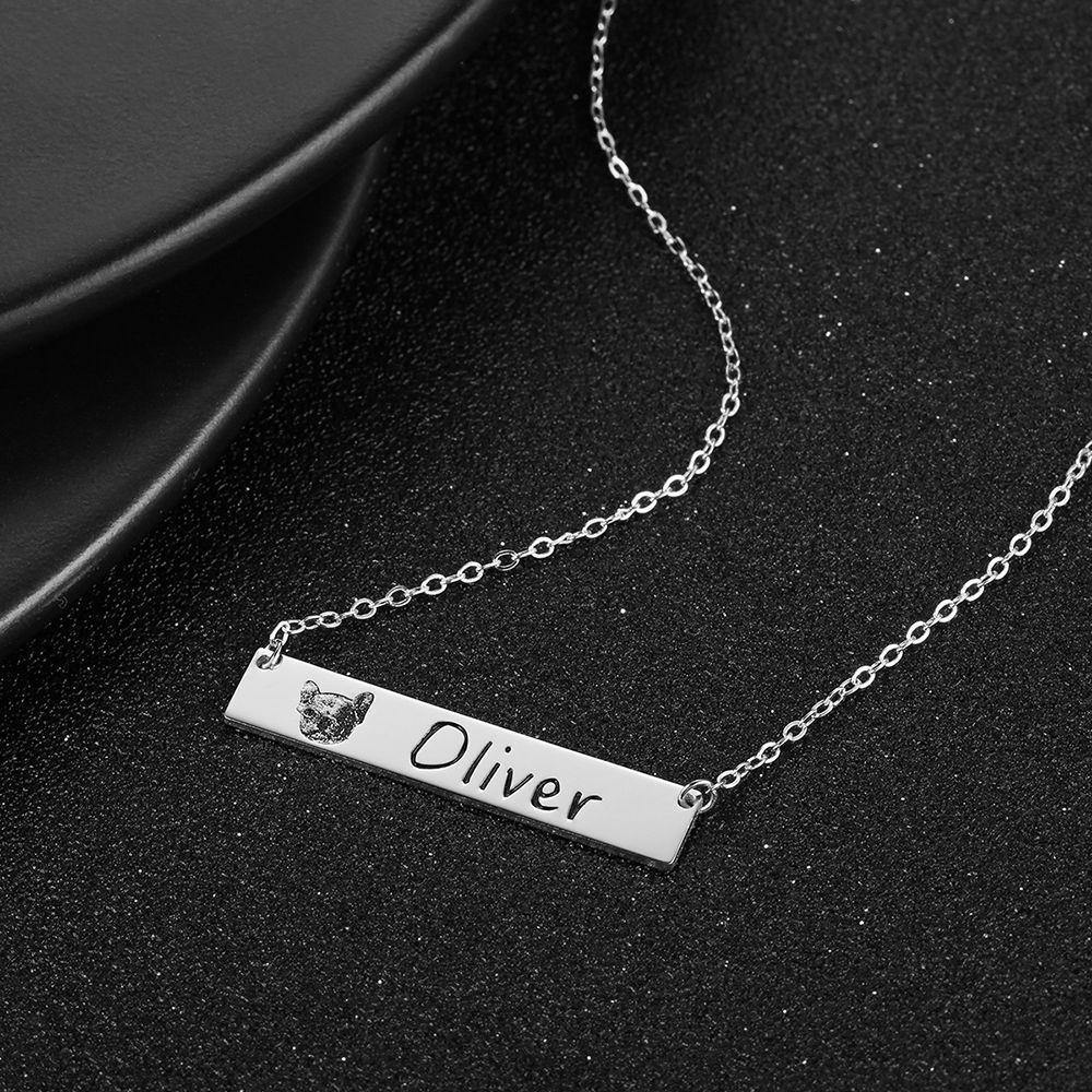 Photo Engraved Necklace, Portrait Bar Necklace Platinum Plated - Silver - soufeelus