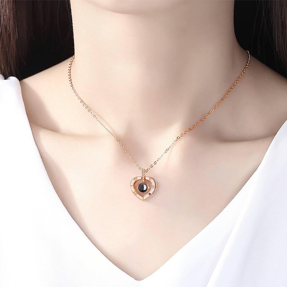 I Love You Necklace in 100 Languages Projection Photo Necklace Heart-shaped Silver - Rose Gold Plated - soufeelus
