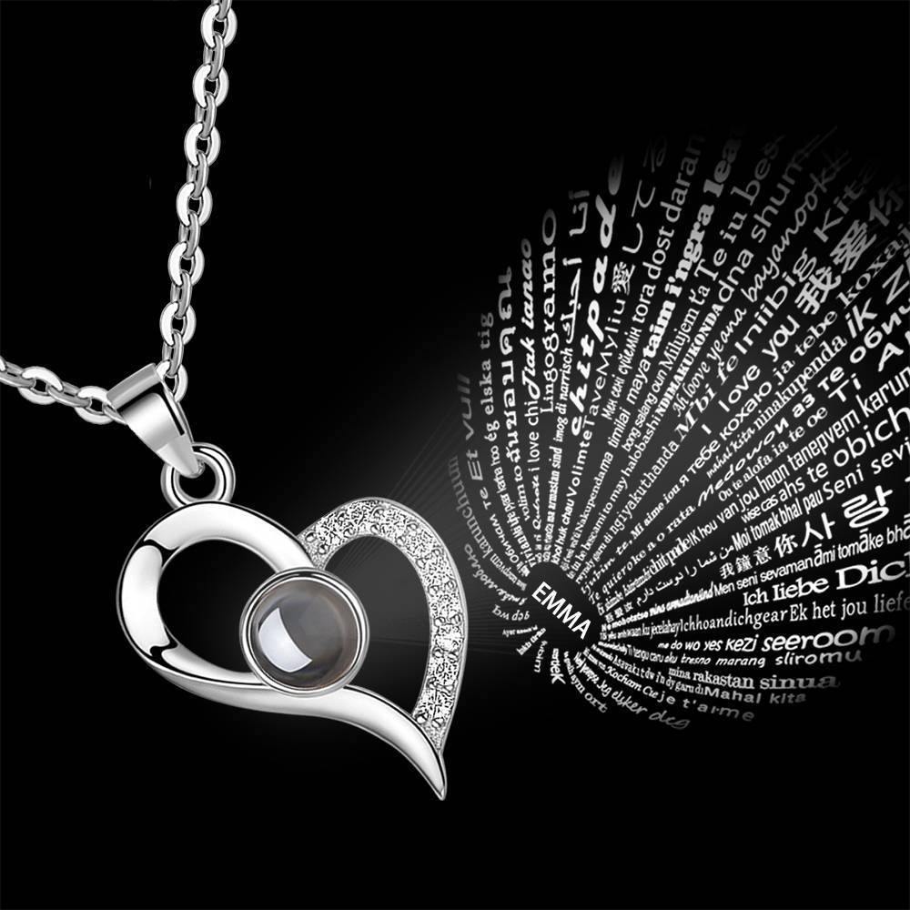 I Love You Necklace in 100 Languages Projection Engraved Necklace Love Your Heart Silver