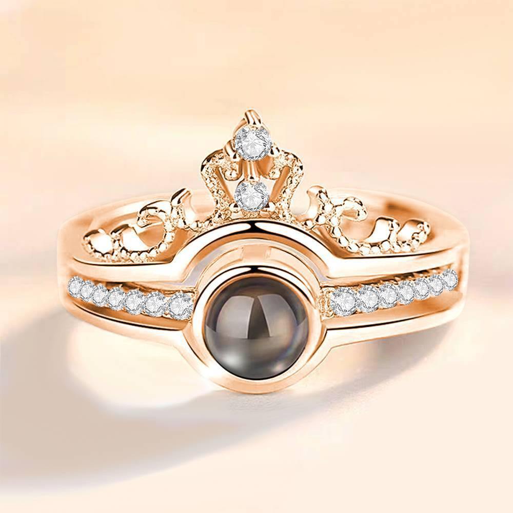 I Love You Ring in 100 Languages Projection Photo Engraved Crown Ring, Romantic Gift Two in One Rose Gold Plated - Silver - soufeelus