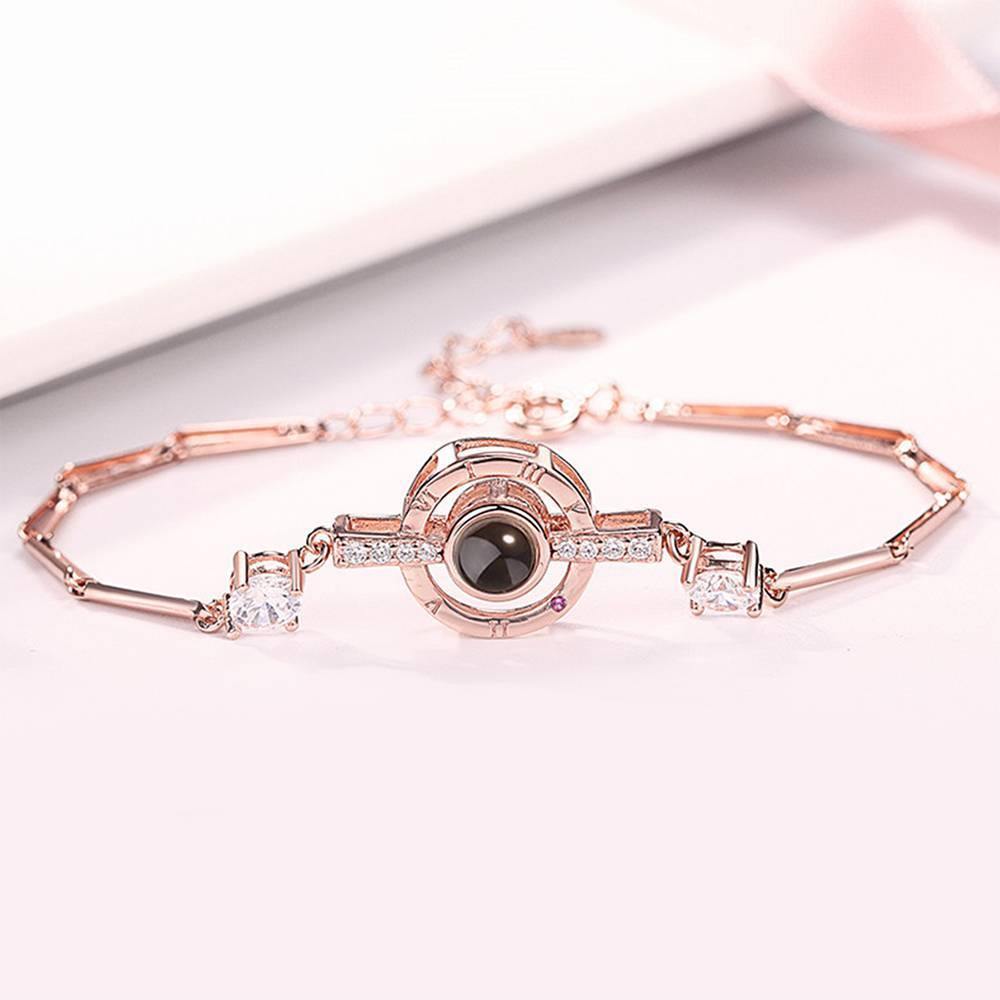 I Love You Bracelet in 100 Languages Projection Photo Engraved Bracelet Round-shaped Rose Gold Plated - Silver - soufeelus