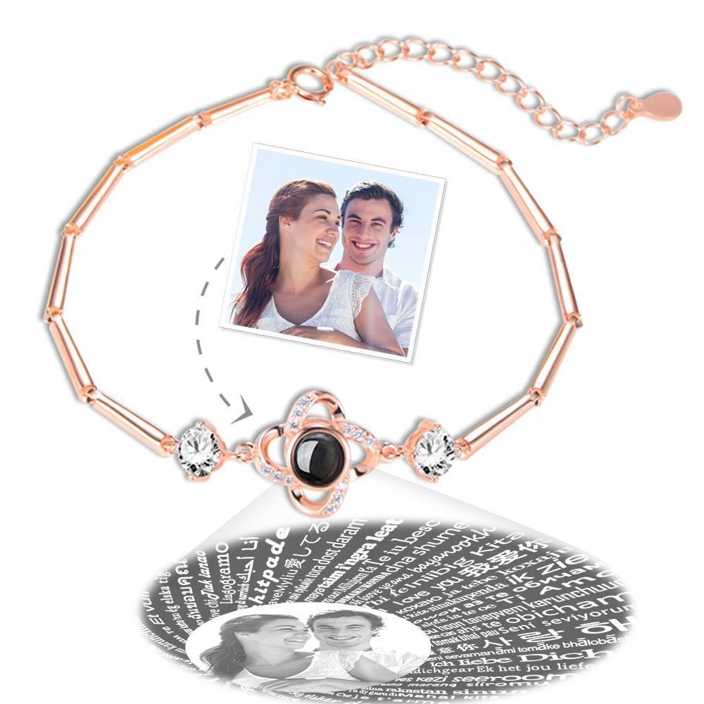 I Love You Bracelet in 100 Languages Projection Photo Engraved Bracelet Four-leaf Clover Rose Gold Plated - Silver - soufeelus