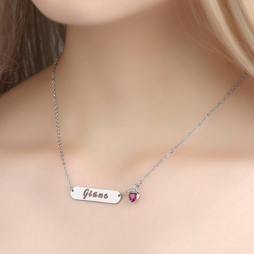 Hollow Carved Bar Name Necklace with Custom Birthstone, Unique Gift Platinum Plated - Silver - soufeelus
