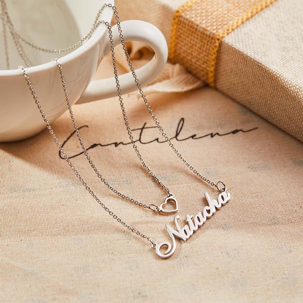 "Give My Heart To You" Personalized Heart Double Chain Name Necklace Unique Gift for Girlfriend - soufeelus