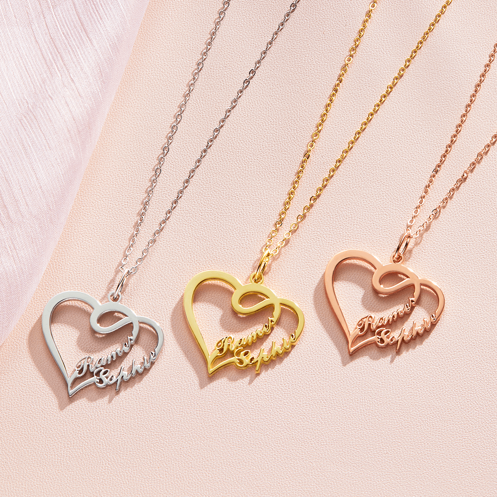 Overlapping Heart Two Name Necklace Rose Gold Plated