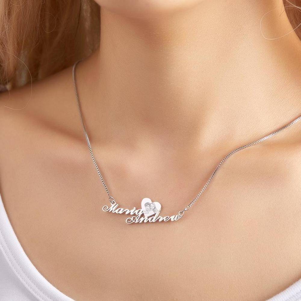 Custom Photo Engraved Necklace Heart Shaped Couple Necklace Gift for Her - 