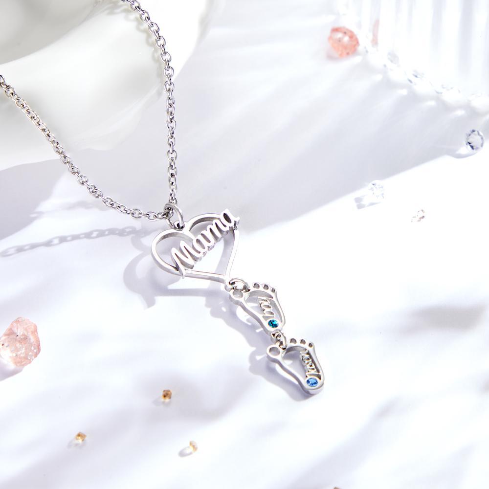Custom Engraved Name Necklace Love MaMa Heart with Diamonds Baby Feet Charm - soufeelus