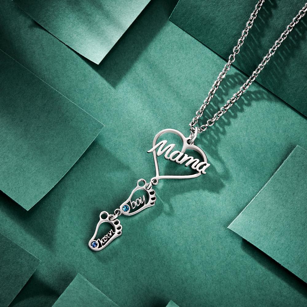 Custom Engraved Name Necklace Love MaMa Heart with Diamonds Baby Feet Charm - soufeelus
