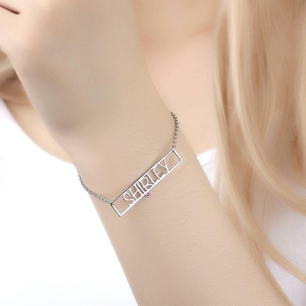Hollow Carved Bar Name Bracelet with Custom Birthstone Platinum Plated - Silver - soufeelus