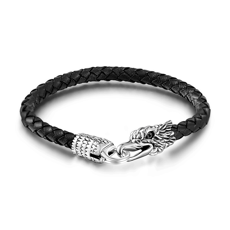 Black Woven Cow Leather Bracelet with Eagle Silver Clasp - soufeelus