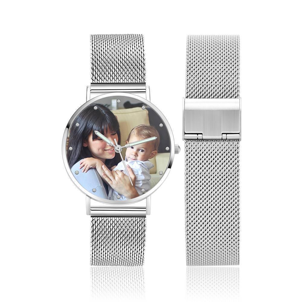 Engraved Photo Watch with Luminous Pointer Alloy Bracelet Photo Watch 40mm - Unisex - soufeelus