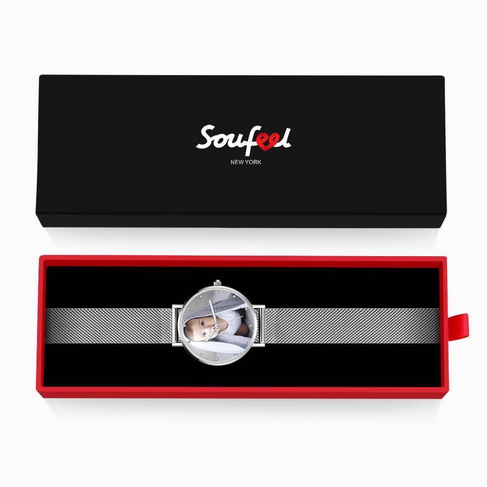 Engraved Photo Watch with Luminous Pointer Alloy Bracelet Photo Watch 36mm - Women's - soufeelus