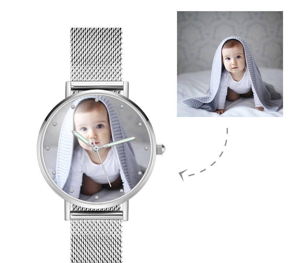 Engraved Photo Watch with Luminous Pointer Alloy Bracelet Photo Watch 36mm - Women's - soufeelus