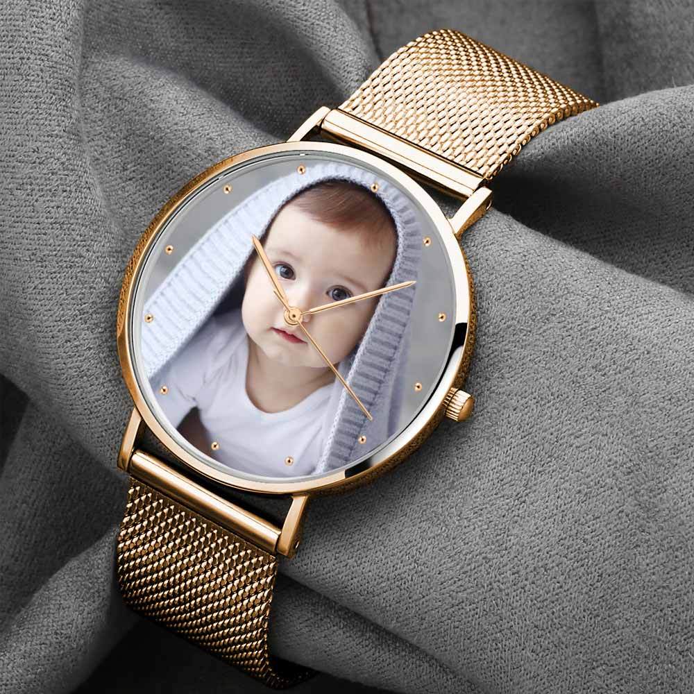 Women's Engraved Rose Gold Alloy Bracelet Photo Watch 36mm