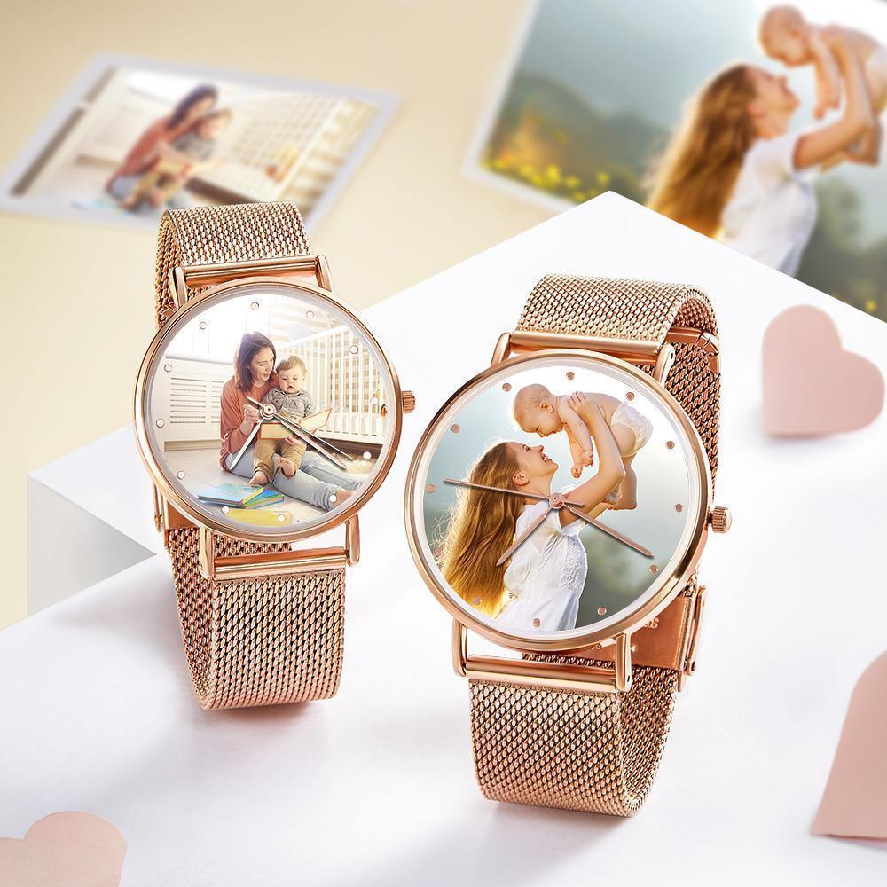 Women's Engraved Rose Gold Alloy Bracelet Photo Watch 36mm