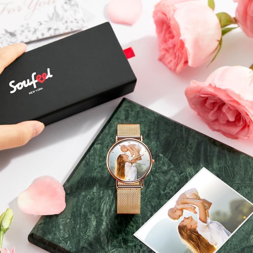 Women's Engraved Rose Gold Alloy Bracelet Photo Watch 36mm
