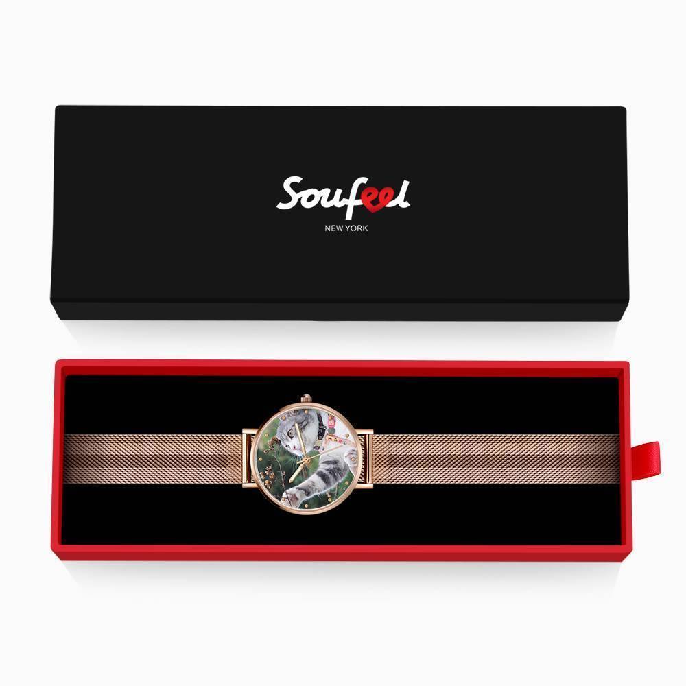 Engraved Photo Watch with Luminous Pointer Rose Gold Alloy Bracelet Photo Watch 36mm - Women's - soufeelus