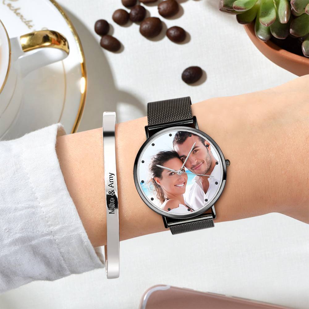 Engraved Women's Black Alloy Bracelet Photo Watch 36mm