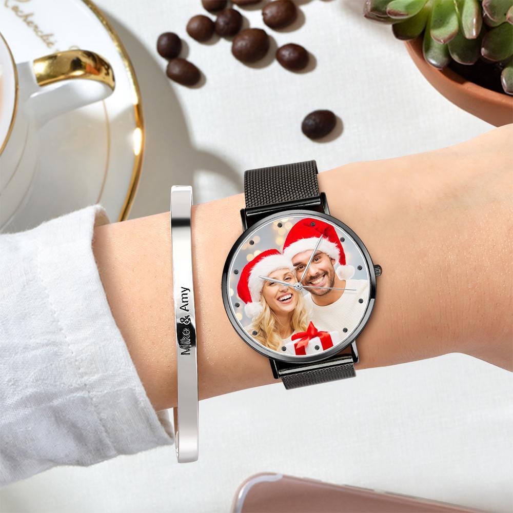 Engraved Women's Black Alloy Bracelet Photo Watch 36mm Christmas Gifts