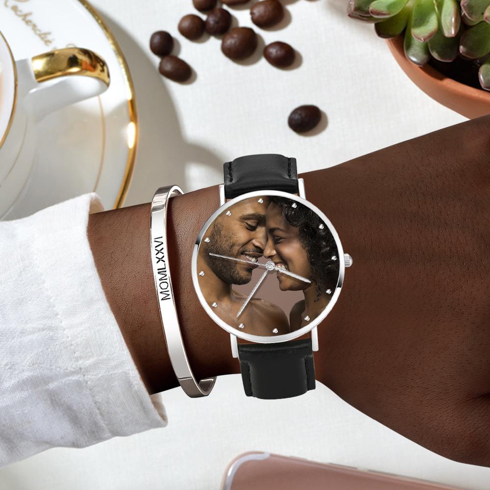 Unisex Engraved Photo Watch Black Leather Strap 40mm Memorial Valentine's Day Gift