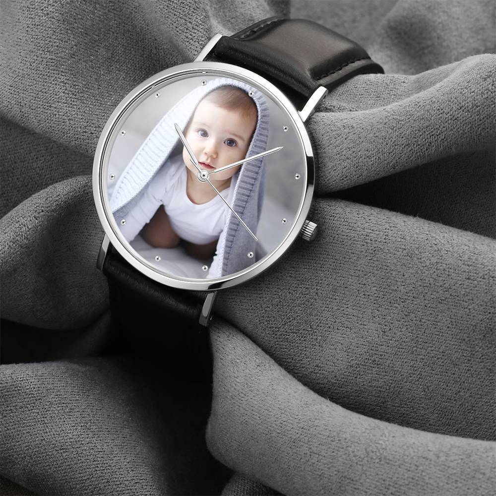 Unisex Engraved Photo Watch Black Leather Strap 40mm Memorial Gift For Her