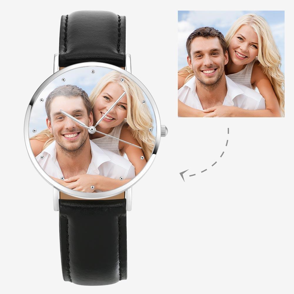 Unisex Engraved Photo Watch Black Leather Strap 40mm Memorial Gift For Her