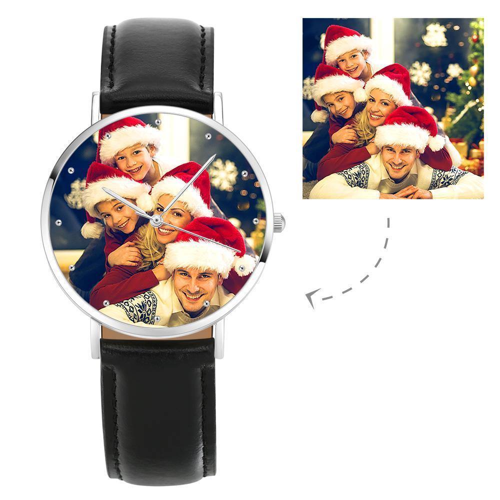 Unisex Engraved Photo Watch Black Leather Strap 40mm - soufeelus