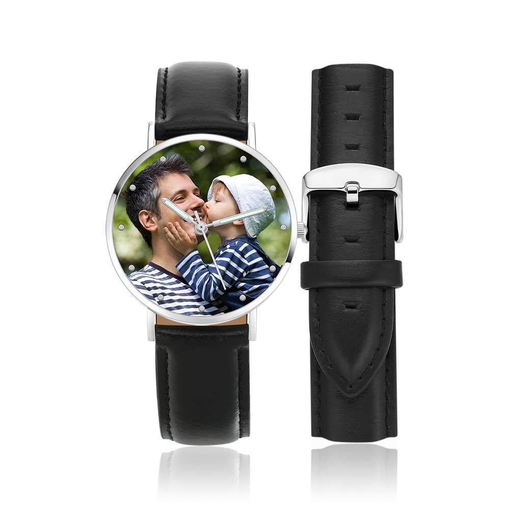 Engraved Photo Watch with Luminous Pointer Black Leather Strap 40mm - Unisex - soufeelus