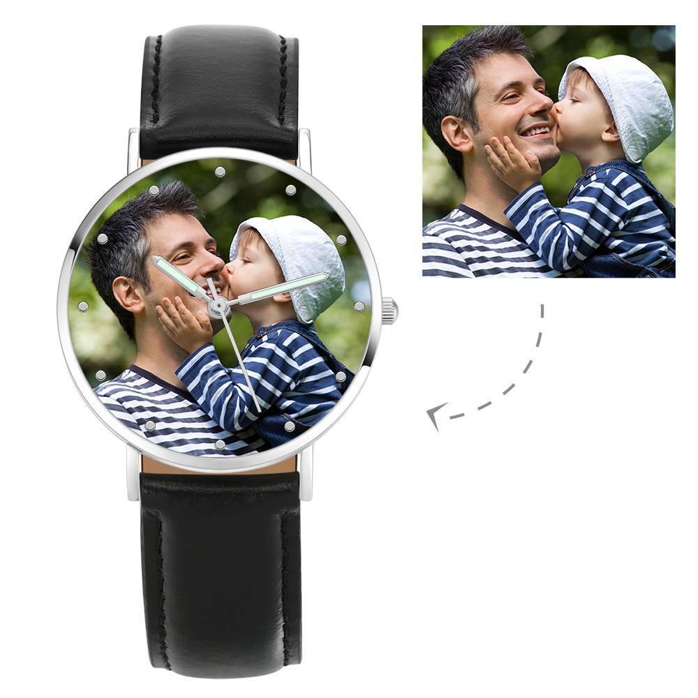 Engraved Photo Watch with Luminous Pointer Black Leather Strap 40mm - Unisex - soufeelus