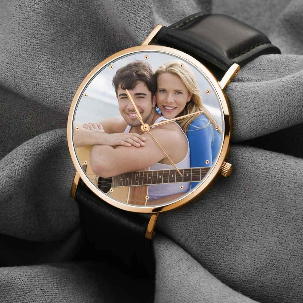 Unisex Engraved Rose Goldtone Photo Watch Black Leather Strap 40mm - soufeelus