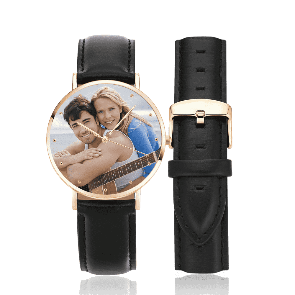 Unisex Engraved Rose Goldtone Photo Watch Black Leather Strap 40mm - soufeelus