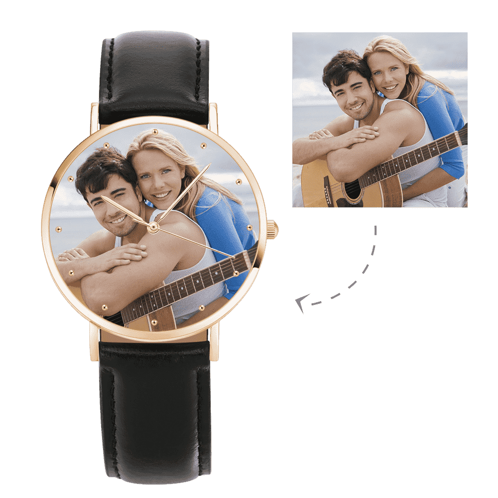 Women's Engraved Rose Goldtone Photo Watch Red Leather Strap 40mm - soufeelus