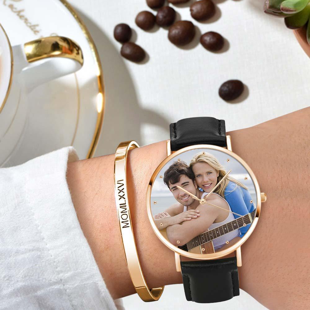 Unisex Engraved Rose Goldtone Photo Watch Black Leather Strap 40mm - soufeelus