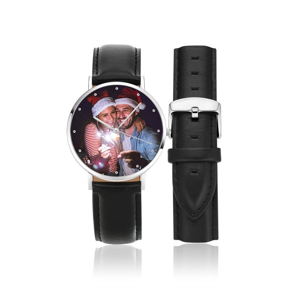 Women's Engraved Photo Watch Black Leather Strap 36mm