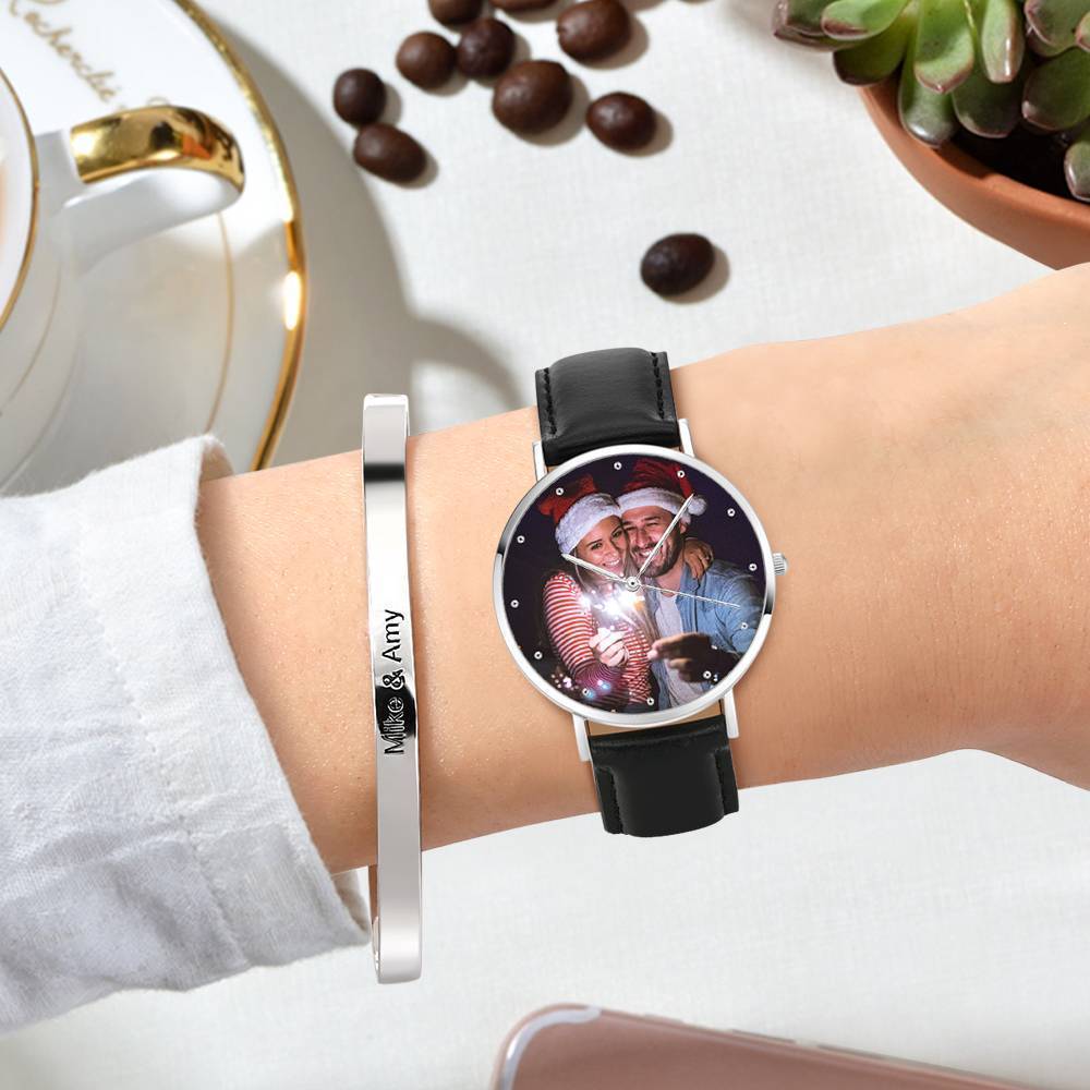 Women's Engraved Photo Watch Black Leather Strap 36mm