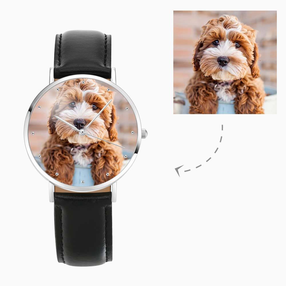 Women's Engraved Photo Watch Black Leather Strap 36mm