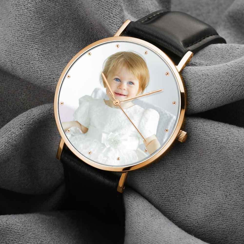 Women's Engraved Rose Goldtone Photo Watch Black Leather Strap 36mm