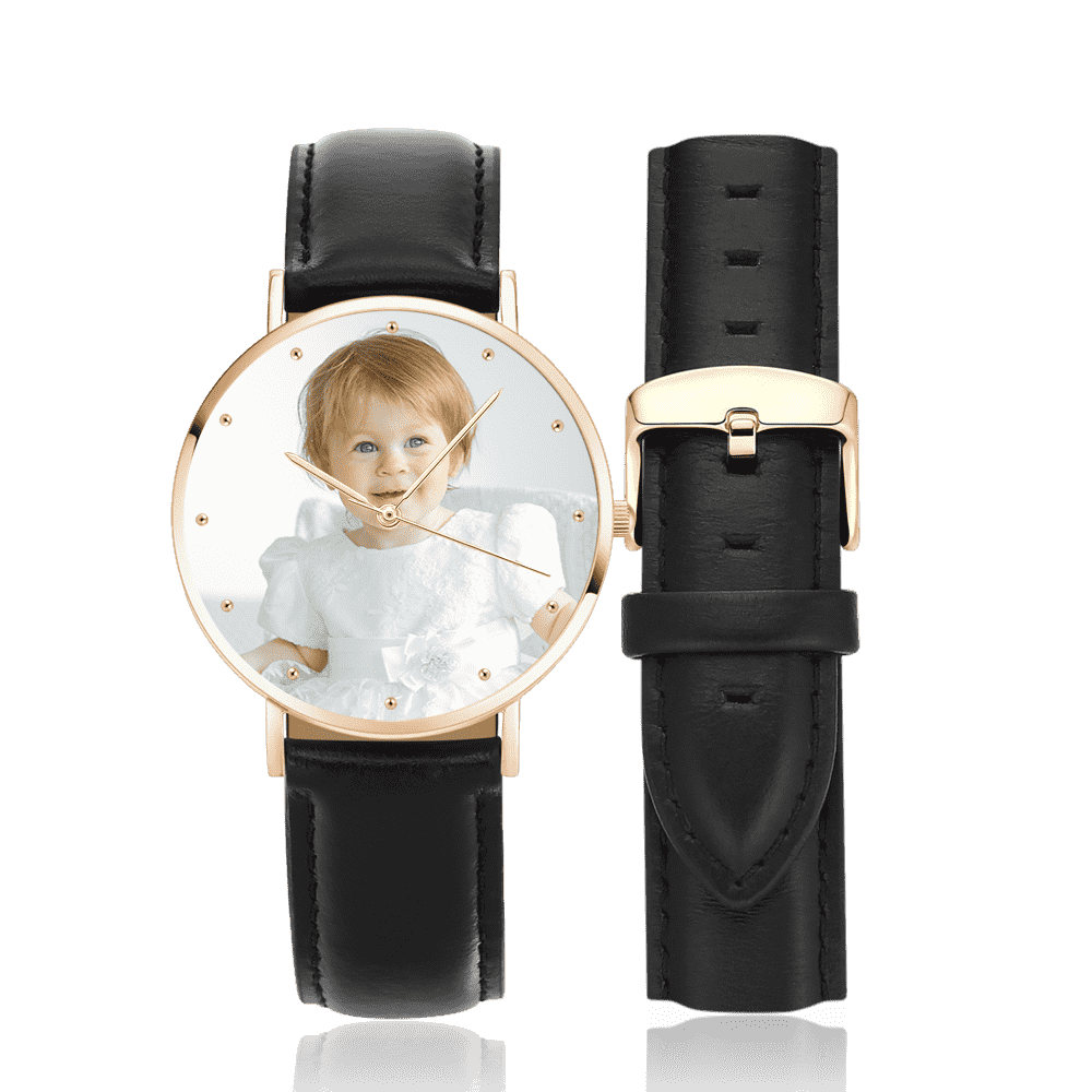 Women's Engraved Rose Goldtone Photo Watch Black Leather Strap 36mm