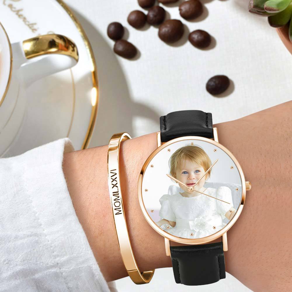 Women's Engraved Rose Goldtone Photo Watch Black Leather Strap 36mm