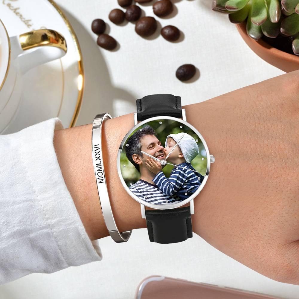 Personalized Engraved Watch, Photo Watch with Black Leather Strap 40mm