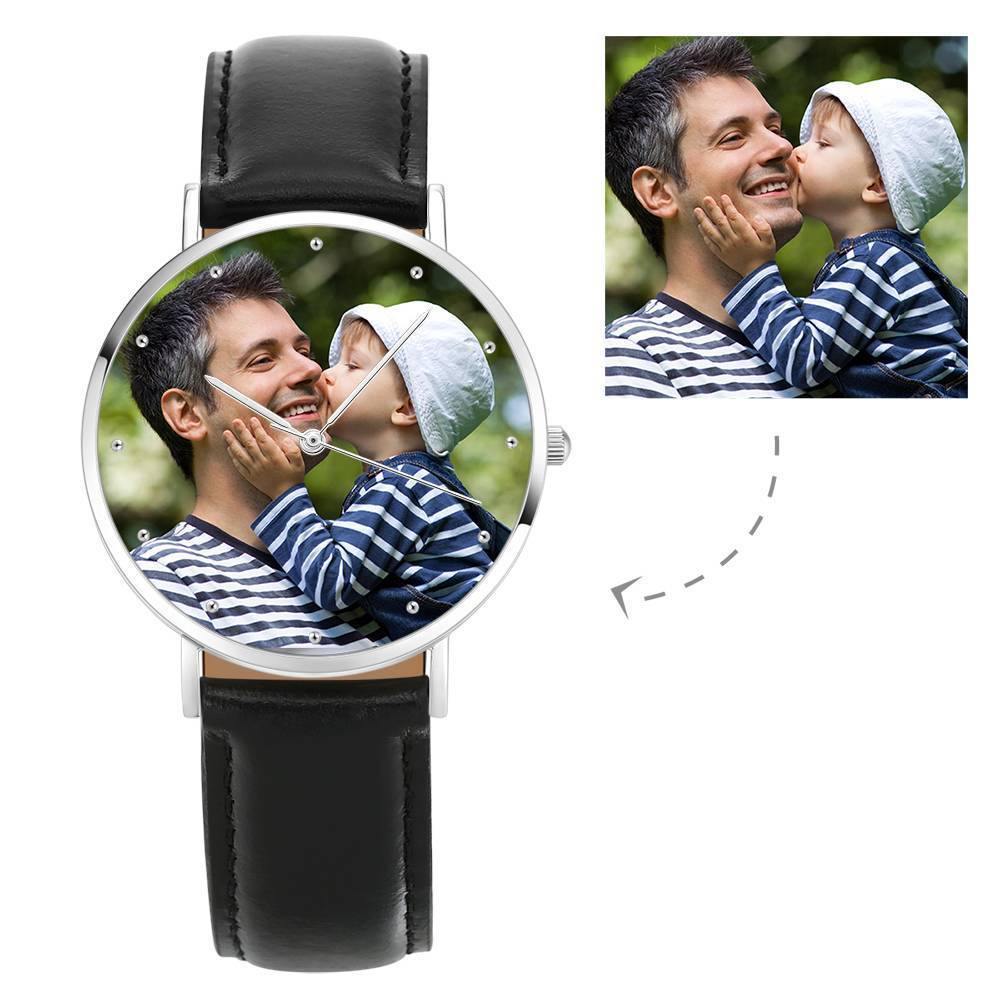 Personalized Engraved Watch, Photo Watch with Black Leather Strap 40mm