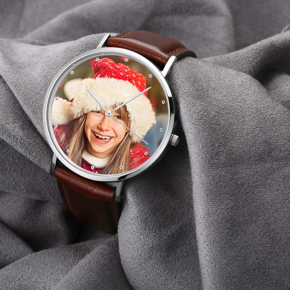 Unisex Engraved Photo Watch Black Leather Strap 40mm Memorial Gift For Her - soufeelus
