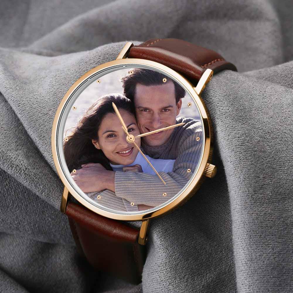 Unisex Engraved Rose Goldtone Photo Watch Brown Leather Strap 40mm - soufeelus