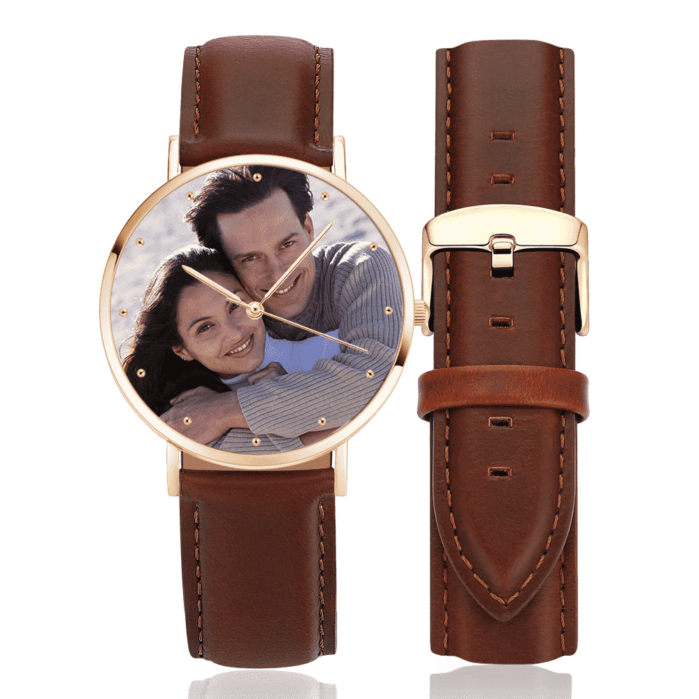 Unisex Engraved Rose Goldtone Photo Watch Brown Leather Strap 40mm - soufeelus