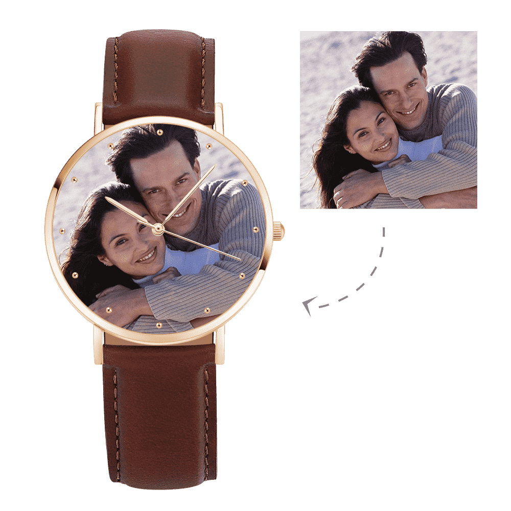 Unisex Engraved Rose Goldtone Photo Watch Brown Leather Strap 40mm - soufeelus