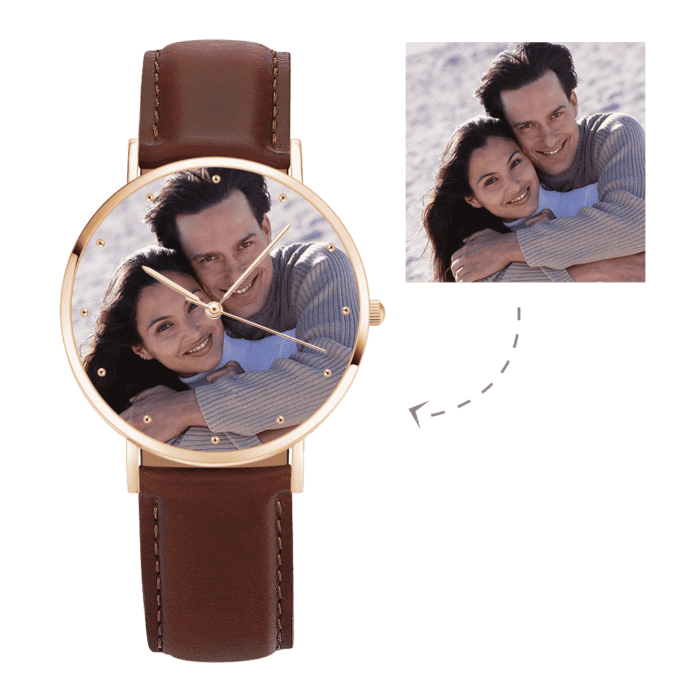 Unisex Engraved Rose Goldtone Photo Watch Black Leather Strap 40mm - soufeelus