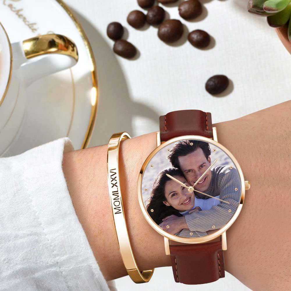 Unisex Engraved Rose Goldtone Photo Watch Brown Leather Strap 40mm - soufeelus