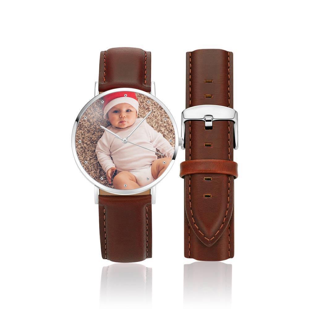 Women's Engraved Photo Watch Brown Leather Strap 36mm