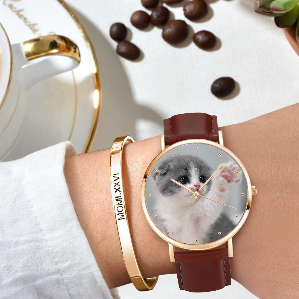 Women's Engraved Rose Goldtone Photo Watch Brown Leather Strap 36mm