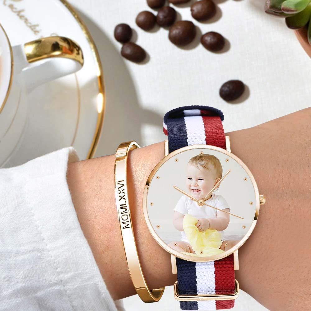 Women's Engraved Rose Goldtone Photo Watch Color Nylon Strap 36mm - soufeelus